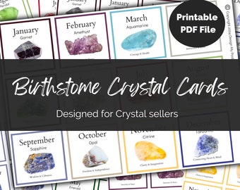 Op de afbeelding: Een printbaar PDF-bestand met geboortesteen-kristalkaartjes. Elk kaartje toont een andere geboortesteen-kristal, de maand en de naam van de kristal. De kaartjes zijn ontworpen voor kristalverkopers.