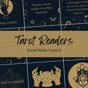 May include: A collage of images with a gold and black colour scheme. The text "Tarot Readers" is in the centre of the collage. The text "Social Media Content" is below the text "Tarot Readers". The images include a hand holding a tarot card, a hand holding a crystal ball, a hand with an eye in the palm, and a woman with a crown of stars. The text "Trust me, you are capable of anything imaginable." is in the top left corner. The text "what happens around me, but I am always in control of what happens within me." is in the top right corner. The text "true to yourself" is in the bottom left corner.