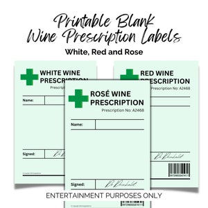 Wine Prescription Label. Printable blank funny novelty gift. Digital download, PNG & PDF file. White, Red and Rose.