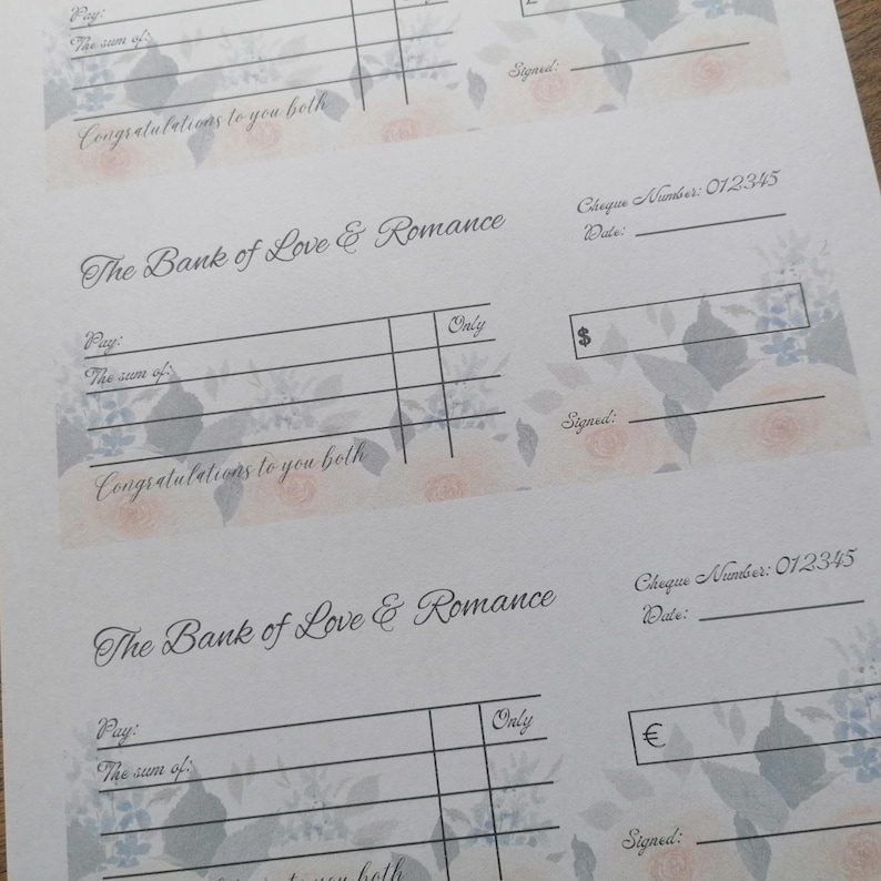 Present Check Printable Wedding Present. Elegant Blank Cheque Mock up for Newly Wed ...