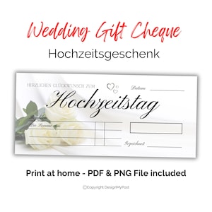 Hochzeitsgeschenk, Scheck hochzeit Drei Blankoschek deutsch. Ausdruckbare Hochzeits-Scheck als Geldgeschenk. Blankoscheck zur Hochzeit auf Deutsch.
