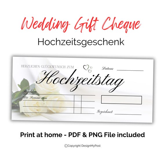 Hochzeitsgeschenk, Scheck hochzeit Drei Blankoschek deutsch. Printable wedding money gifting fake cheque. Blank check for wedding in German.