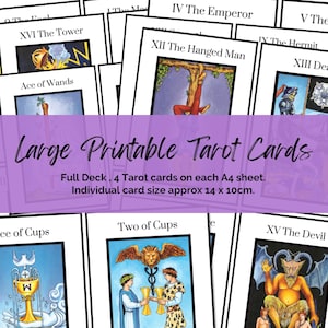 Jeu de tarots imprimable, grandes cartes en couleur.  Tarot classique pour la tenue d'un journal et les lecteurs de tarot. Chaque carte est au format A6.