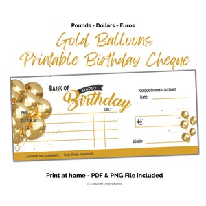 Assegno di compleanno stampabile. Modello di assegno regalo con palloncini dorati. Euro, sterline e dollari. Regalo di denaro da stampare a casa. Download digitale.