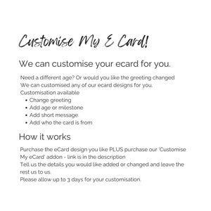 以下が含まれることがあります： 「Customise My E Card!」と書かれた黒い文字が白い背景にあります。 eカードのカスタマイズに関する詳細が記載されています。 カスタマイズオプションには、挨拶の変更、年齢の追加、メッセージの追加などがあります。 プロセスが説明されています。