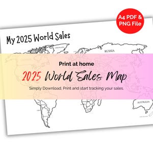 Mapa imprimible de seguimiento de ventas mundiales de 2025. Imprima en tamaño A4 en su hogar. Coloree el mapa. Archivo PDF y archivo PNG. Blanco y negro, bajo consumo de tinta.