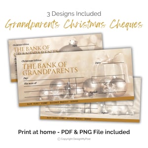 Afdrukbare kerstblanco cheque van de Bank of Grandparents, bankcheque. Downloadbare kerstcadeaucheque/-cheque. Leuk cadeau-idee voor kerstgeld