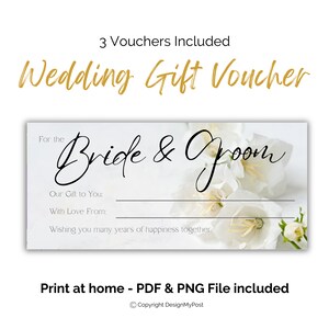 Wedding Gift Voucher. Printable wedding gifting coupon. Print at home template with elegant white flower design. Congratulate the newly weds