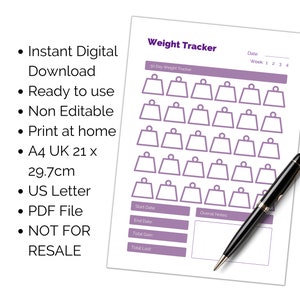 May include: Printable weight tracker with 30 days of weight tracking spaces. The tracker has a purple color scheme and includes sections for start date, end date, total gain, total lost, and overall notes.