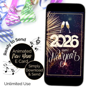 Digital 2026 New Year Electronic Card with fireworks. Holiday greeting card animated with festive sound for email text WhatsApp Non Editable