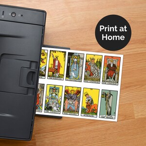 Printable tarot cards featuring major arcana.  The cards feature detailed illustrations and text.  The set includes The Magician, The High Priestess, The Empress, The Emperor, The Chariot, The Lovers, Strength, and The Hermit.  Print at home instructions are included.  These printable cards are perfect for divination or crafting.