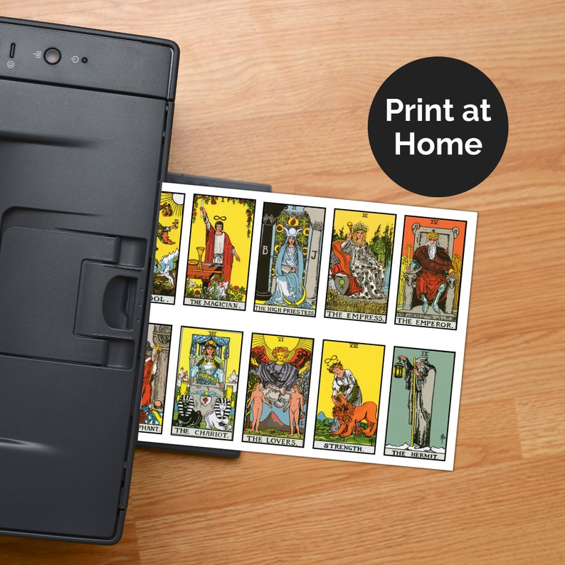 Printable tarot cards featuring major arcana.  The cards feature detailed illustrations and text.  The set includes The Magician, The High Priestess, The Empress, The Emperor, The Chariot, The Lovers, Strength, and The Hermit.  Print at home instructions are included.  These printable cards are perfect for divination or crafting.