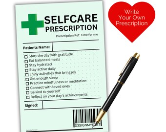 Printable Self Care Prescription. Write your own caring gift. Add to bag or box. Gift for best friend. PNG PDF file, Print at home.