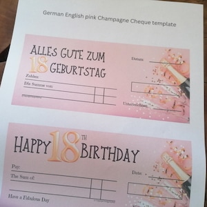 May include: Pink and gold printable 18th birthday check template with the text "Alles Gute zum 18 Geburtstag" and "Happy 18th Birthday".