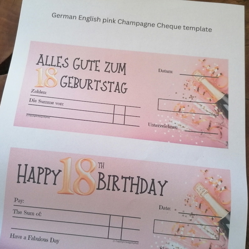 May include: Pink and gold printable 18th birthday check template with the text "Alles Gute zum 18 Geburtstag" and "Happy 18th Birthday".