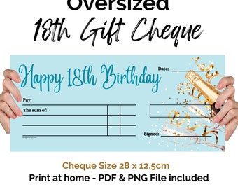 Large Blue Cheque for 18th Birthday. Gifting blank cheque template. Oversized cheque. Print at home money gift present. Digital Download.