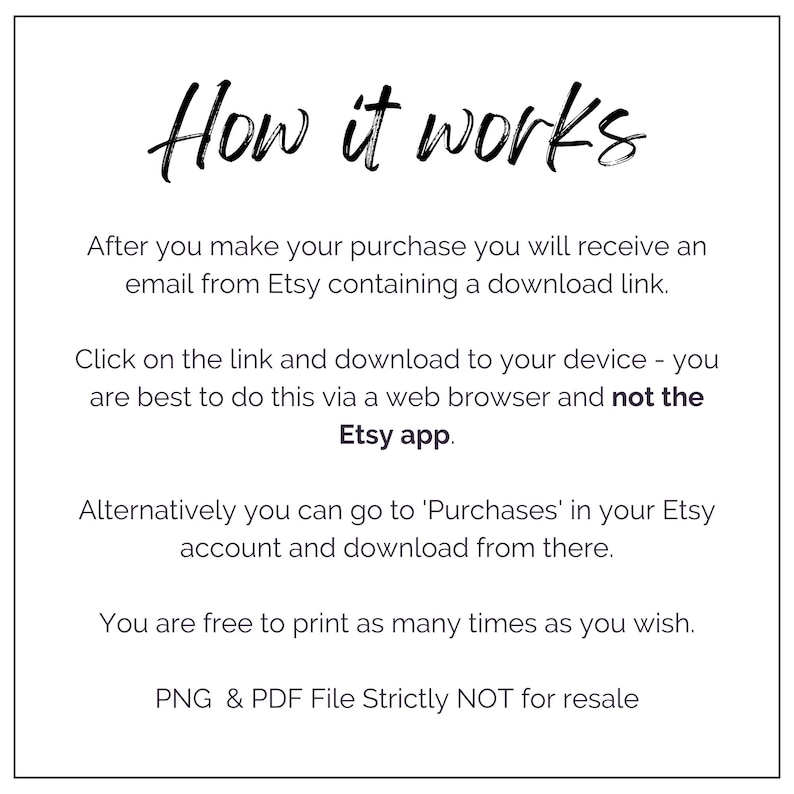 May include: A white informational graphic with black text titled How it works. It explains the digital download process: receive an email with a link, download via a web browser, access via Purchases in an Etsy account, print as desired, and note that PNG and PDF files are not for resale.