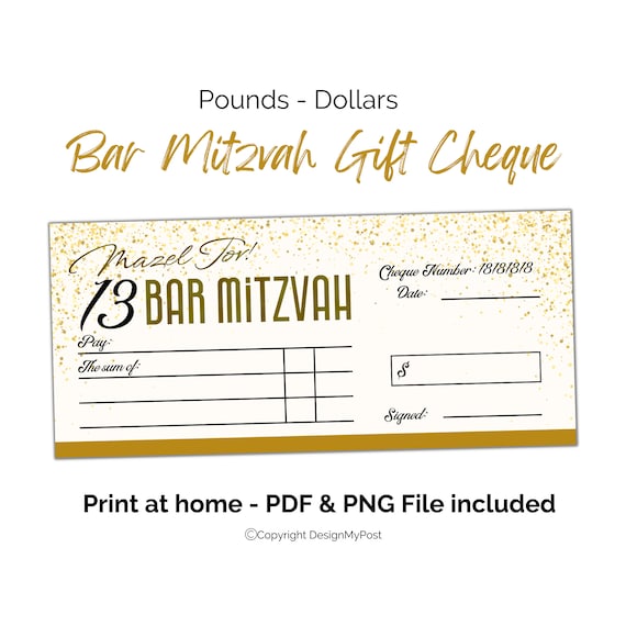 Bar Mitzvah Gift Check Template: Mazel Tov Money Present (PDF & PNG)