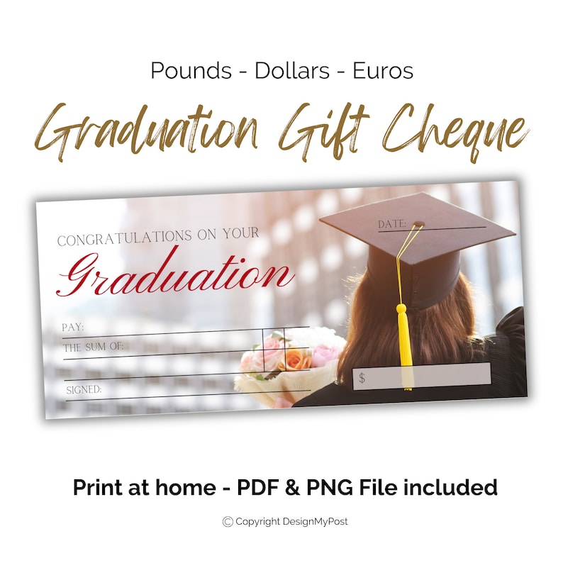 Graduation Cheque Graduation Gift Cheque. Printable Blank Cheque in Euros, Pounds and ...