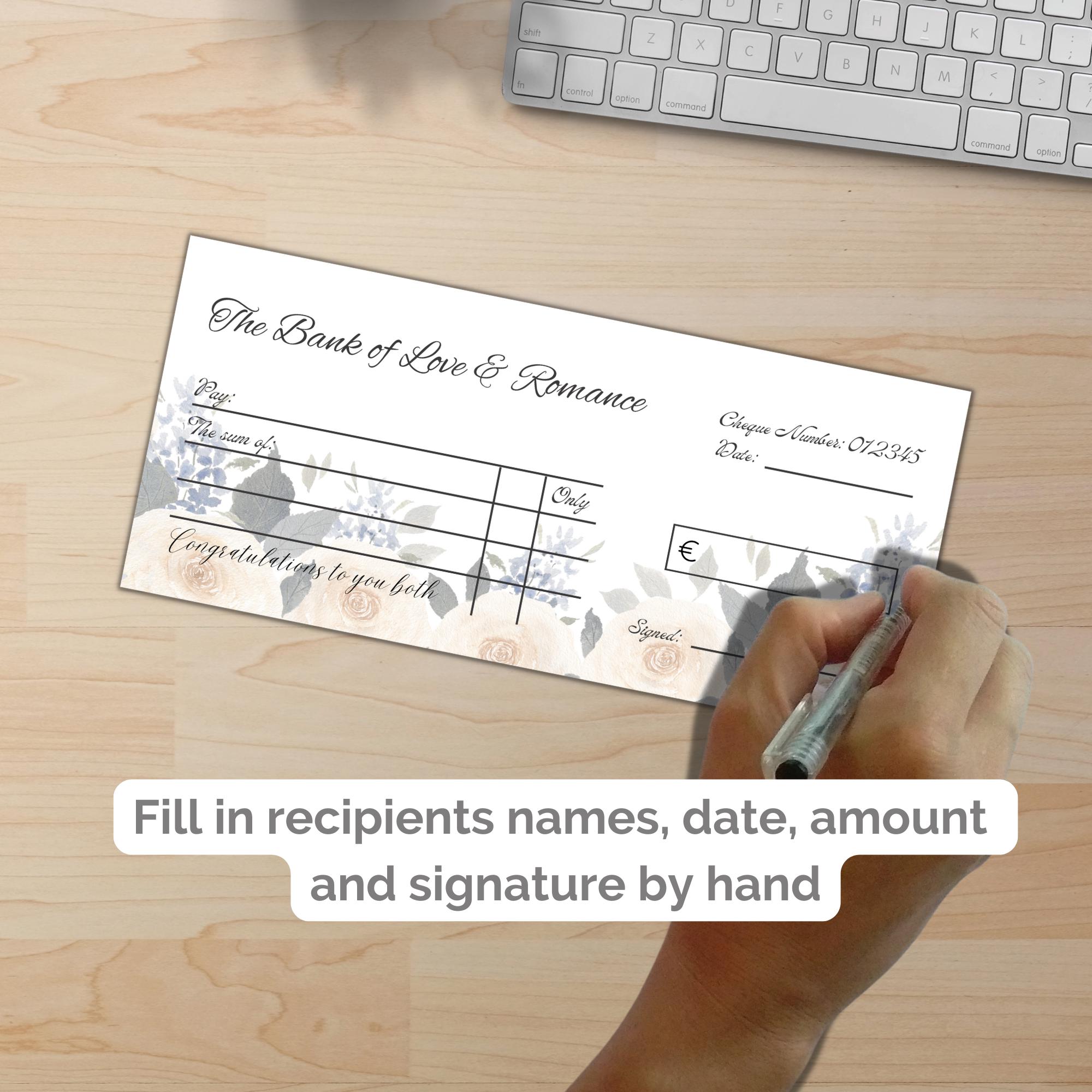 Printable Wedding Present. Elegant Blank Cheque Mock up for Newly Wed ...