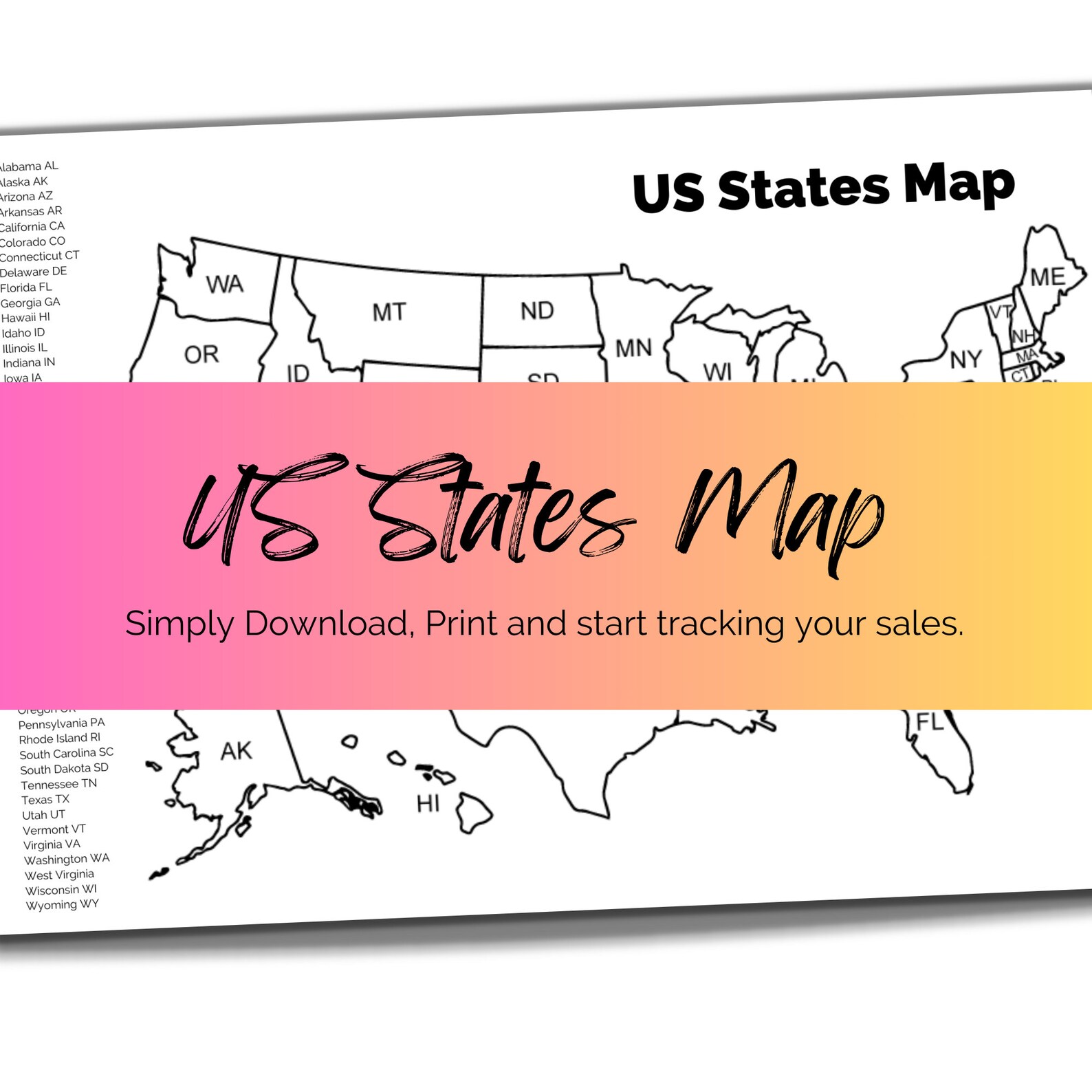 Printable US States Map. Etsy United States Sales Tracker. A4 Etsy