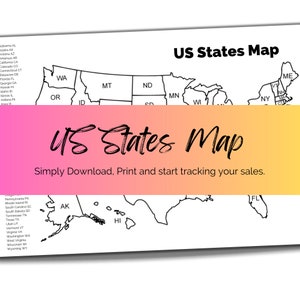 Druckbare Karte der US Bundesstaaten. Etsy Umsatz-Tracker. A4 Druck zu Hause. Farbe in Karte. Verfolge deine Bestellungen. PDF-Datei & PNG-Datei
