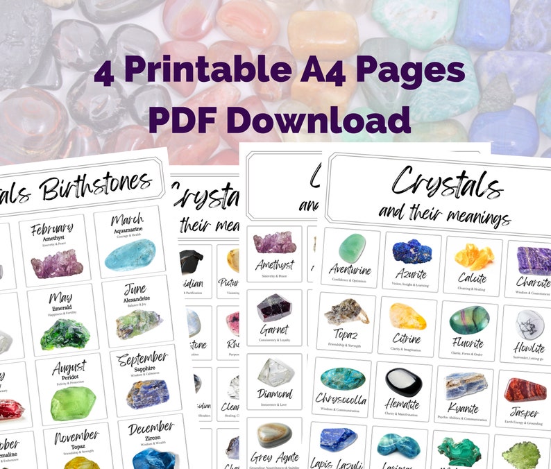 Printable Crystal Meanings &amp; Birthstones PDF Cheat Sheet. A4 | Etsy UK