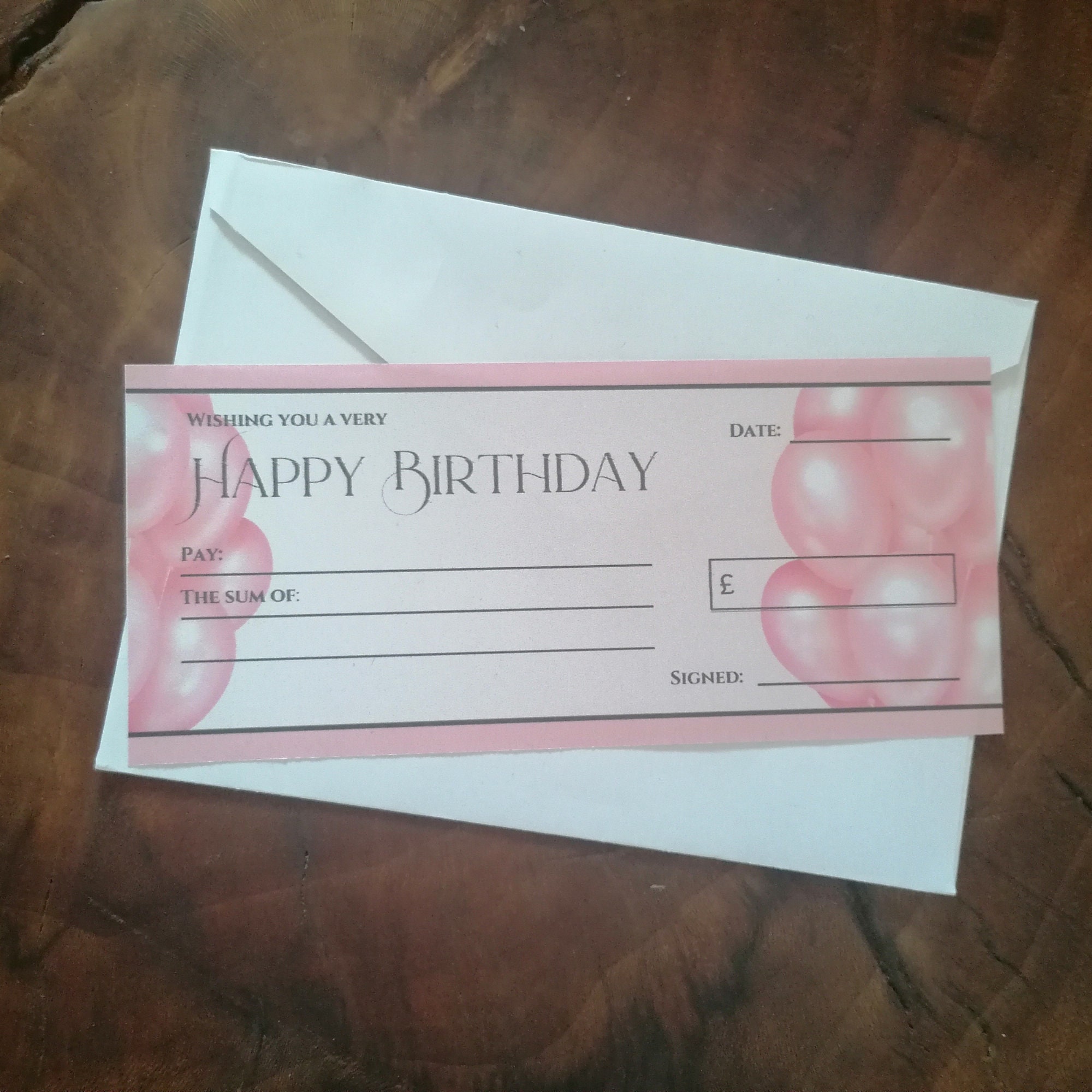 Printable Birthday Gift Cheque Template: Pink Balloons (PDF & PNG