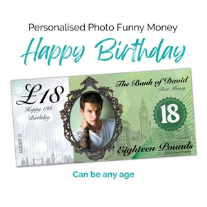 Birthday Money, Face on money, Printable personalised funny bank notes in pounds. Give a loved one a truly unique gift