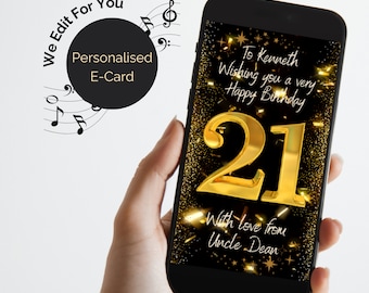 Carte électronique d'anniversaire personnalisée avec audio. Message d'accueil numérique animé pour tous les âges en noir et or. Envoyez par email un SMS WhatsApp.