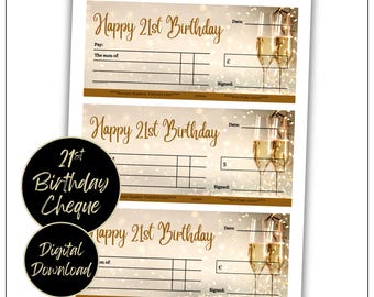 Druckbare 21. Geburtstag Geschenk Blankocheck Vorlage. In Euro, Pfund, Dollar.