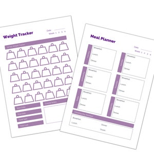 May include: A printable weight tracker and meal planner. The weight tracker has 30 squares to track weight loss over 30 days. The meal planner has a section for each day of the week to plan meals.
