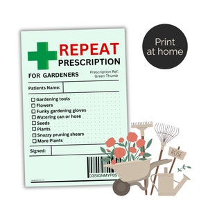 Étiquette de prescription pour jardiniers. Renouveler l'ordonnance pour les personnes ayant la main verte.  Ajouter au sac ou à la boîte. Cadeau amusant à imprimer. Imprimez à la maison.