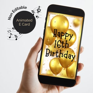 16th Birthday E-Card animated with sound, Happy Birthday tune and greeting. Video eCard for sixteenth, Digital e card Non Editable.