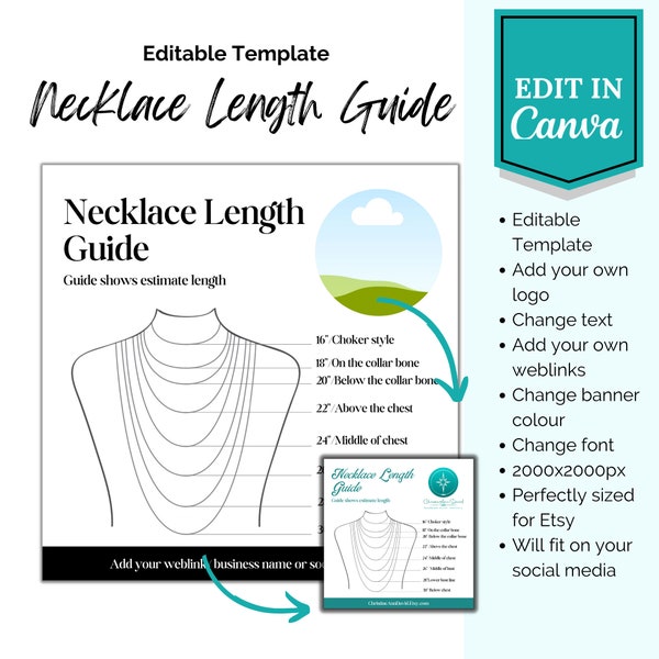 Editable Necklace Size Guide Printable and Digital template Canva Template Easy to use length measurement chart Add  your logo & branding