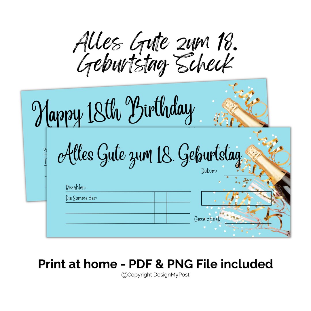 18. Blankoscheck Blau, Scheck Zum Geburtstag Birthday Cheque in German