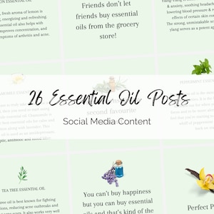 Peut inclure: Un collage d'images avec du texte sur les huiles essentielles. Le texte dit "26 Essential Oil Posts" et "Second Favorite Social Media Content". Les images montrent des bouteilles d'huiles essentielles, des fleurs et des feuilles.