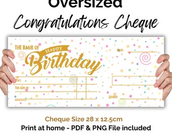 Large Birthday Cheque. Gifting blank cheque template. Printable Oversized cheque. Print at home money present. Digital Download.