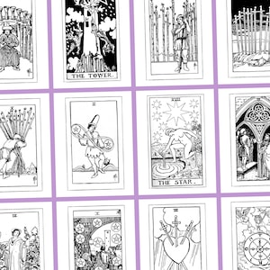 以下が含まれることがあります： さまざまなイラストが描かれた、白黒のタロットカード10枚セット。カードには、塔、星、その他のメジャーアルカナのカードが含まれています。