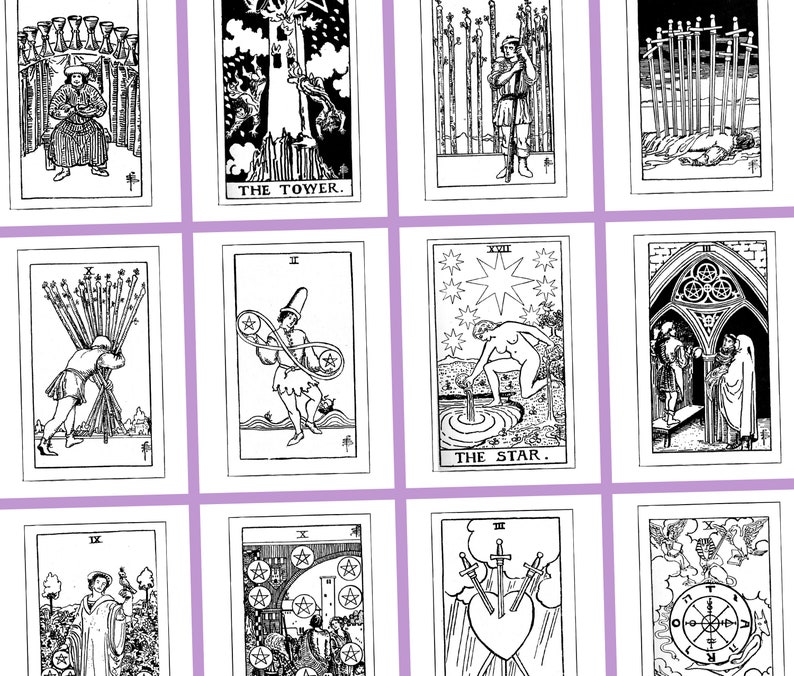 以下が含まれることがあります： さまざまなイラストが描かれた、白黒のタロットカード10枚セット。カードには、塔、星、その他のメジャーアルカナのカードが含まれています。