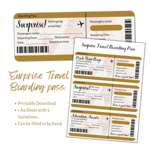 Surprise Travel Boarding Pass Print at home ticket gift. Mock up flight confirmation template. Add your own personalisation. Holiday voucher