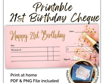 21.Geburtstag Geschenk Blankoscheck in rosa. In Euro, Pfund, Dollar. Bankscheck Vorlage. Print at home Geldgeschenk ideal für Mädchen.