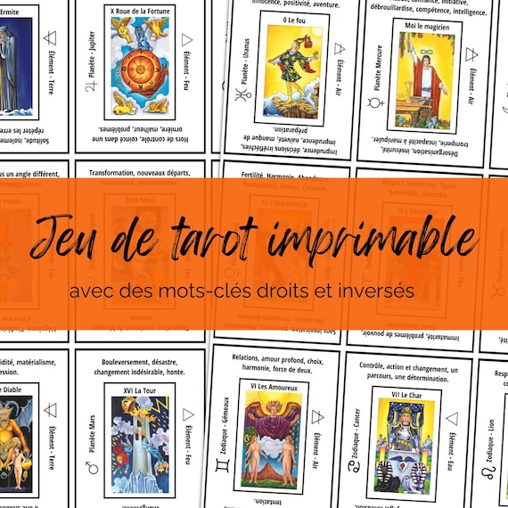 Jeu de tarot imprimable avec mots-clés, feuilles de triche A4, significations des cartes de tarot, débutants, outils de divination.