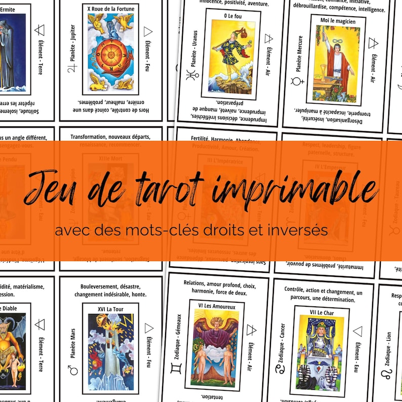 Jeu de tarot imprimable avec mots-clés, feuilles de triche A4, significations des cartes de tarot, débutants, outils de divination. image 1