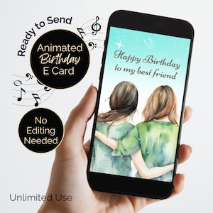 Best Friends Birthday animated ecard. In blue green watercolours. Happy birthday instrumental. Digital greeting card for bestie.