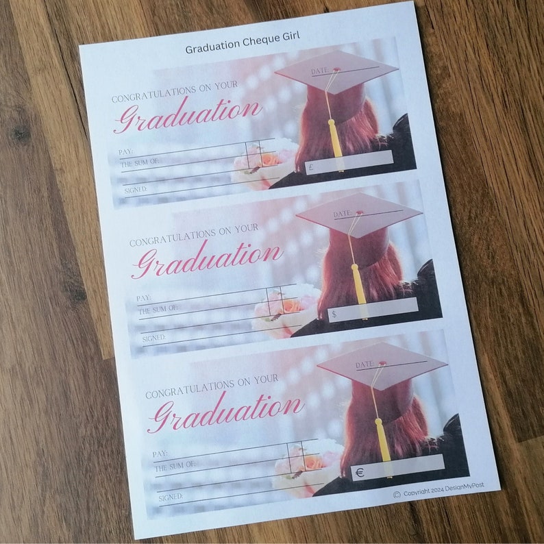 Graduation Gift Cheque. Printable Blank Cheque in Euros, Pounds and ...