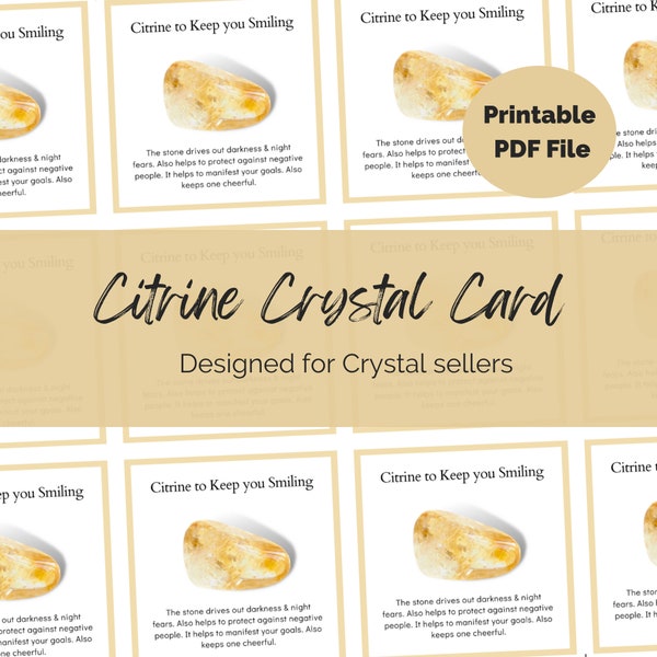 Citrine Crystal information card for Crystal Sellers, Jewellery makers. A4 UK PDF file Packing Inserts, Gemstone meanings.