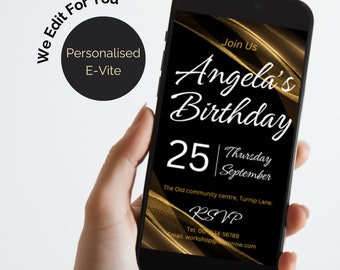 Evite digital invitation. Digital video invitation in black and gold. Animated personalised card. Edited for you.