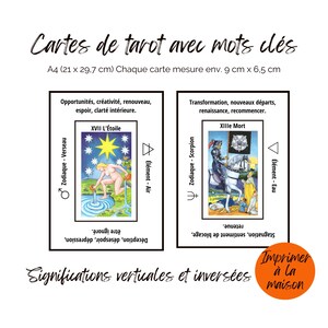 Jeu de tarot imprimable avec mots-clés, feuilles de triche A4, significations des cartes de tarot, débutants, outils de divination. image 4