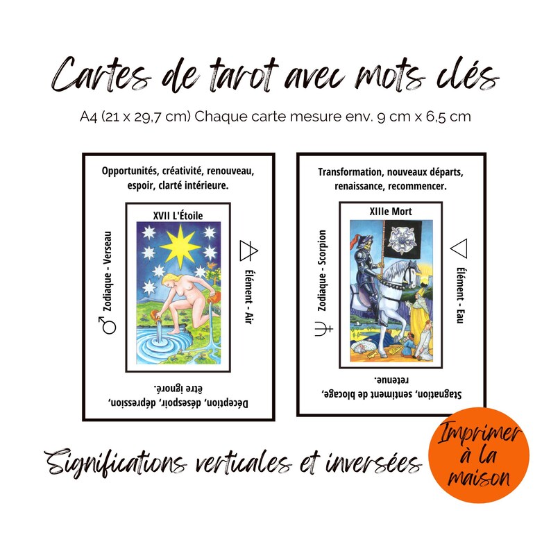 Jeu de tarot imprimable avec mots-clés, feuilles de triche A4, significations des cartes de tarot, débutants, outils de divination. image 4